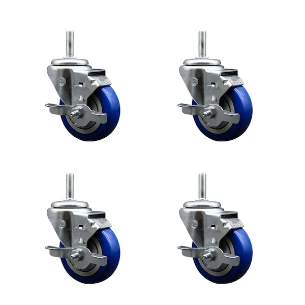 Service Caster 35 Inch Blue Polyurethane Wheel Swivel 34 Inch Threaded Stem Caster Set with Brake SCC SCC-TS20S3514-PPUB-BLUE-TLB-34212-4 - main
